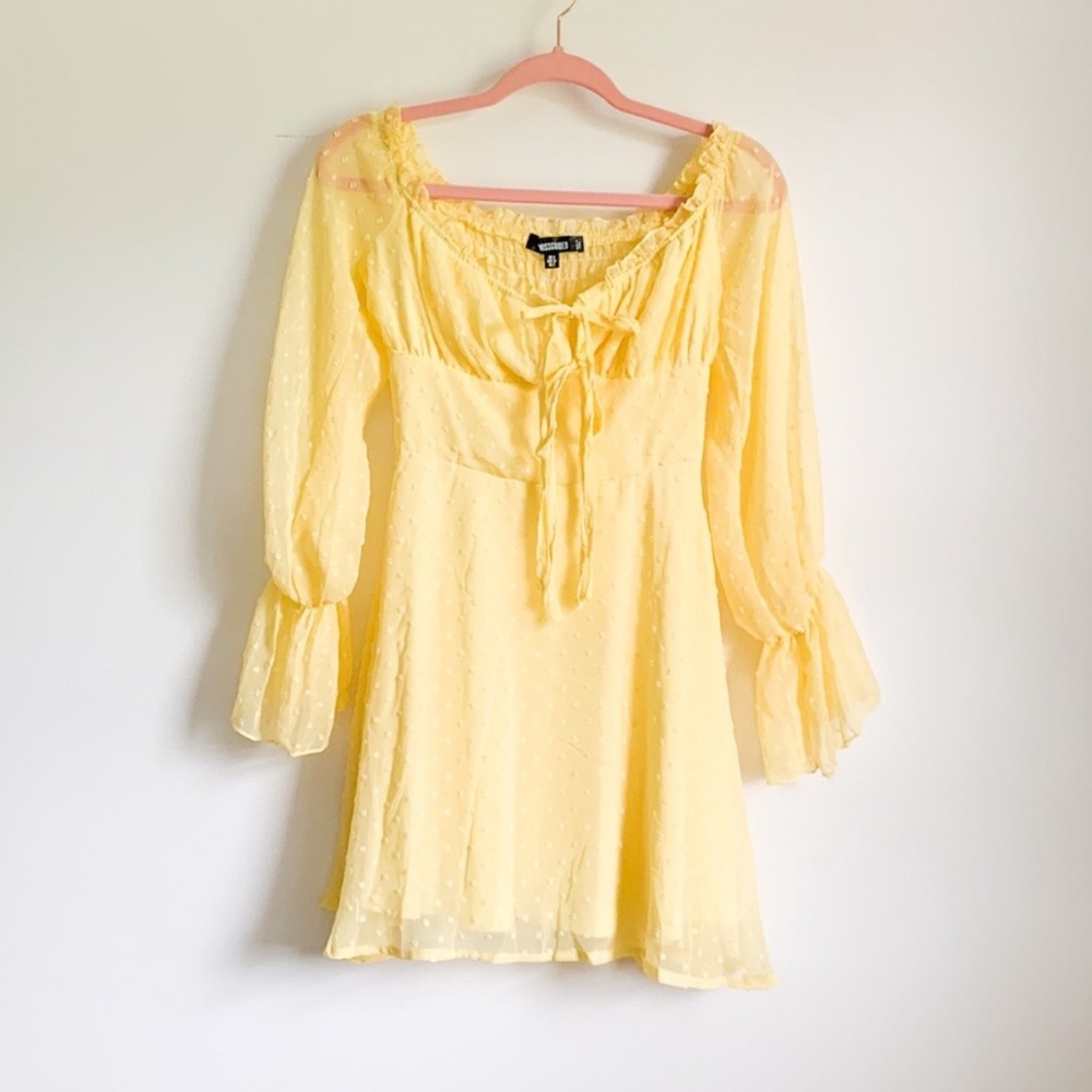 Missguided Yellow Dot Embroidered Peasant Boho Mini Dress Y2K